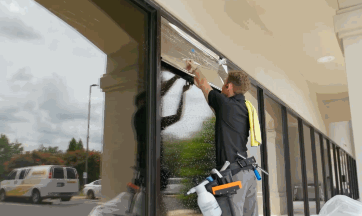 A professional installer applying window film to a large commercial window, using tools like a squeegee and a spray bottle, showcasing the film's application process