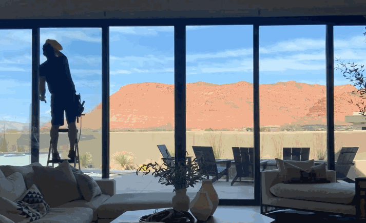 A worker standing on a ladder applies window film to tall glass windows, with a scenic view of red rock formations and outdoor patio furniture in the background.